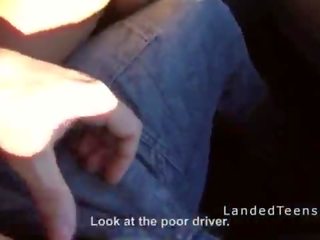 Teen hitchhiker giving double handjob